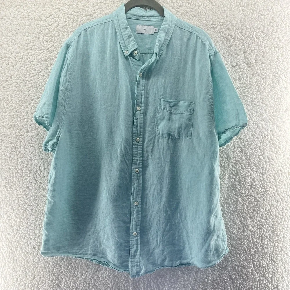 Onia Linen Shirt Men Medium Teal Blue Standard Short Sleeve Designer $150